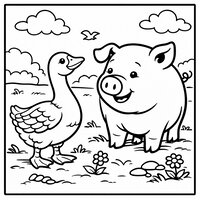 Coloriage oie et gros cochon amical partageant un moment dans la prairie