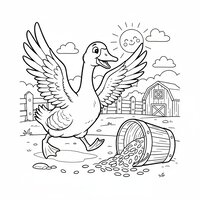 Coloriage oie qui court joyeusement vers un seau de graines renversé en battant des ailes