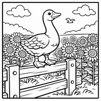 Coloriage oie perchée sur une barrière en bois surplombant un champ de tournesols