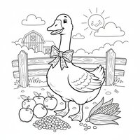 Coloriage oie portant un ruban festif autour du cou entourée de pommes et d’épis de maïs