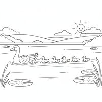 Coloriage maman oie nageant sur un étang suivie de cinq petits oisons en file