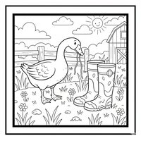 Coloriage oie curieuse qui picore les lacets d’une paire de bottes en caoutchouc posées dans l’herbe