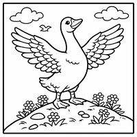 Coloriage oie debout déployant ses grandes ailes pour s’étirer sur une petite colline fleurie