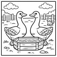 Coloriage deux oies près d’une auge en bois avec un petit chat de ferme qui observe au loin
