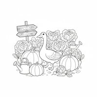 Coloriage oie dans un potager marchant entre de grosses citrouilles et des feuilles de salade