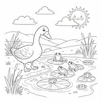 Coloriage oie rencontrant un groupe de grenouilles sur des nénuphars au bord de l’eau