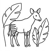 Coloriage okapi dans la jungle à imprimer : okapi avec feuilles simples, décor minimaliste, dessin enfant (Toupty.com)
