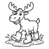 Coloriage orignal cartoon : orignal avec bottes de pluie et flaque simple, dessin rigolo enfant (Toupty.com)