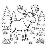 Coloriage orignal réaliste facile : orignal dans une clairière avec sapin simple, contours nets (Toupty.com)