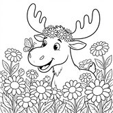 Coloriage orignal plus détaillé : orignal cartoon avec papillon et fleurs simples, pour enfants 6-8 ans (Toupty.com)