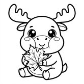 Coloriage orignal kawaii : orignal assis avec une feuille d’érable, dessin très simple pour enfant (Toupty.com)