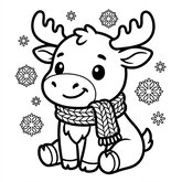 Coloriage bébé orignal chibi : petit orignal avec écharpe et flocons, très facile pour enfant (Toupty.com)