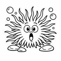 Coloriage oursin cartoon surpris, corps rond, bouche en O, piquants ondulés, galets et bulles