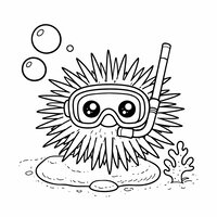 Coloriage oursin cartoon explorateur avec masque de plongée, bulles grandes et corail simple