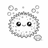 Coloriage oursin kawaii bonbon, petits points décoratifs, piquants très courts, bulles et coquillage