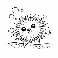 Coloriage oursin cartoon danseur, piquants inclinés, lignes de mouvement, bulles et sol marin en ligne