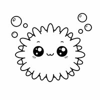 Coloriage oursin kawaii très rond, grands yeux brillants, petit sourire, piquants courts et bulles