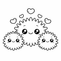 Coloriage famille d’oursins kawaii avec un grand au centre et deux petits, bulles en forme de cœur