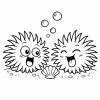 Coloriage deux oursins cartoon qui jouent avec un coquillage au centre, bulles et ligne de sable