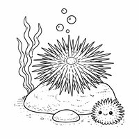 Coloriage scène réaliste épurée avec oursin adulte sur roche, oursin bébé, algue fine et bulles