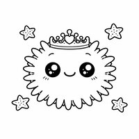 Coloriage oursin kawaii avec petit diadème, grands yeux, piquants courts et petites étoiles de mer