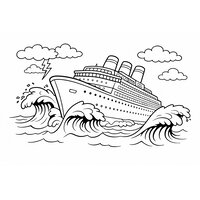 Coloriage paquebot cartoon en tempête avec grandes vagues et nuages (vue 3/4)