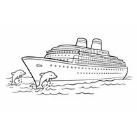 Coloriage paquebot en mer avec deux dauphins stylisés sautant près de la coque