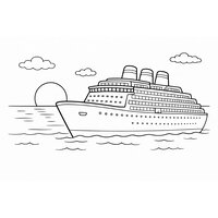 Coloriage grand paquebot de profil au coucher de soleil stylisé avec trois cheminées