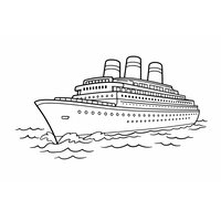 Coloriage grand paquebot semi-réaliste en mer avec trois cheminées (vue 3/4)