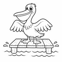 Coloriage pélican cartoon debout sur un ponton en bois, vagues simples, dessin facile pour enfant