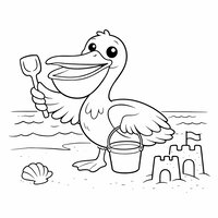 Coloriage pélican cartoon à la plage avec seau et pelle, château de sable et coquillage, dessin enfant