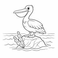 Coloriage pélican semi réaliste simple sur un rocher, varech stylisé et vagues larges, dessin enfant