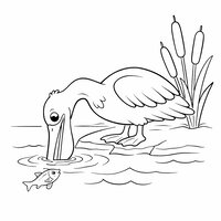 Coloriage pélican réaliste simplifié en train de pêcher, poisson sous l’eau et roseaux simples, dessin enfant