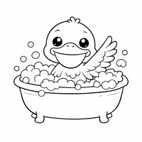 Coloriage pélican kawaii dans une baignoire ronde, mousse en bulles, le pélican salue, dessin enfant