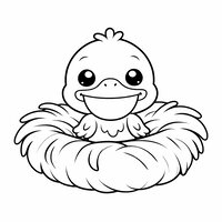 Coloriage bébé pélican kawaii assis dans un nid rond, brins de paille simples, dessin facile