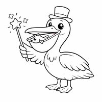 Coloriage pélican cartoon magicien avec chapeau haut-de-forme et baguette étoilée, poche du bec ouverte
