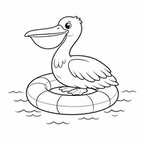 Coloriage pélican semi réaliste simple posé sur une bouée ronde, vagues faciles à colorier, dessin enfant