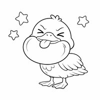 Coloriage pélican kawaii qui fait une grimace, poche du bec gonflée comme un ballon, étoiles en contours