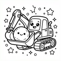 Coloriage petite pelleteuse kawaii avec pierre souriante sur un mini chantier