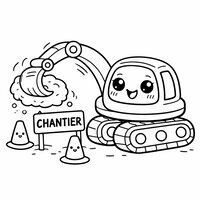 Coloriage pelleteuse cartoon sur chantier avec cônes et panneau CHANTIER