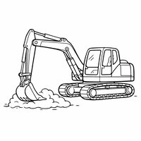 Coloriage pelleteuse semi-réaliste simple avec godet posé sur un tas de terre