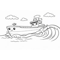 Coloriage pétrolier cartoon en mer agitée avec grandes vagues simplifiées, profil