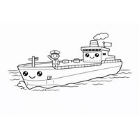 Coloriage pétrolier semi-réaliste avec petit marin qui salue sur le pont, vue 3/4