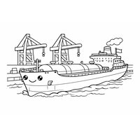 Coloriage pétrolier amarré au port avec grues simplifiées, vue de profil
