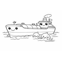 Coloriage pétrolier cartoon avec deux dauphins, vue de profil, mer douce