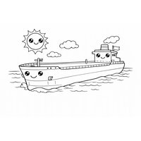 Coloriage pétrolier en mer avec soleil souriant et nuages simples, vue 3/4