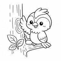 Coloriage pic vert kawaii accroché à un tronc d’arbre, il fait coucou, dessin facile pour enfant