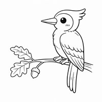 Coloriage pic vert semi réaliste simple sur une branche de chêne, feuilles et gland faciles à colorier