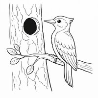 Coloriage pic vert réaliste posé sur une branche près d’un trou de nidification, feuilles simples, contours nets