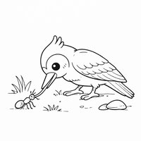 Coloriage pic vert réaliste au sol dans une clairière, il attrape une fourmi, herbes et cailloux simples